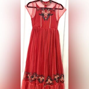 Elegant Red Embroidered Kids Dress